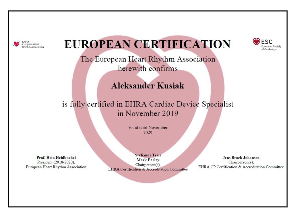 Certyfikat europejski dla dr. Aleksander Kusiak